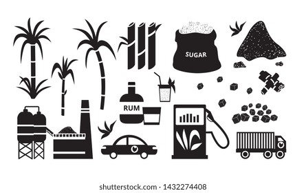 Black and white sugar cane icon set, flat outline of farm tree stalks and alternative sugarcane energy plant and car pumping gas at station, rum drink and bag of sugar - isolated vector illustration