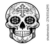 A Black and White Sugar Skull Drawing Vector Illustration 
