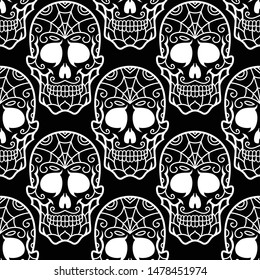 Black and White Sugar Skull Halloween Seamless Pattern