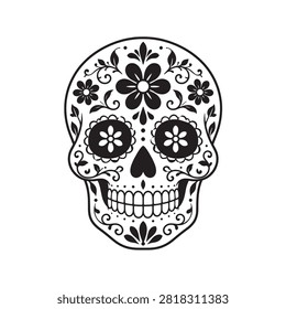 Black and White Sugar Skull Vector Illustration with Floral Patterns