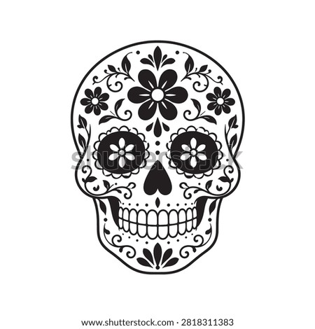 Black and White Sugar Skull Vector Illustration with Floral Patterns