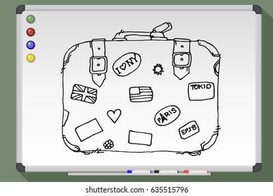 Black And White Suitcase. Traveling Icon. Vector Stock Illustration. Hand Drawn On Whiteboard