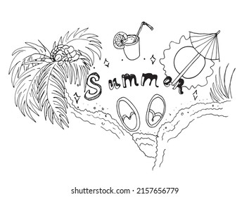 Black and white Summer background design. Horizontal poster, greeting card. Doodle illustration.
