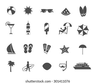 Black and white summer beach icons set, vector illustration