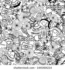 Black and white summer beach vacation background with summer foods, beach accessories and seashell. Seamless vector pattern.