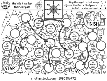 Black and white summer camp dice board game for children with map, compass points. Active holidays outline boardgame with hiking children going to camp. Family road trip activity or coloring page