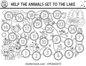 Black and white summer camp dice board game with cute woodland animals. Active holidays outline boardgame with bear, moose going to lake. Family road trip activity or coloring page
