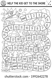 Black And White Summer Camp Dice Board Game For Children With Cute Rafting Kid. Active Holidays Outline Boardgame With Boy On Boat Swimming To The Shore. Family Road Trip Activity Or Coloring Page