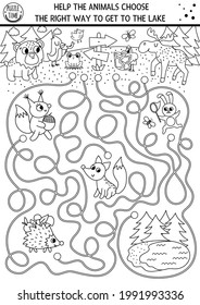 Black and white summer camp maze for children. Active holidays outline preschool printable activity. Family nature trip labyrinth or coloring page with cute woodland animals going to the lake