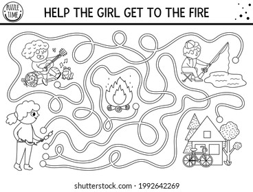 Black and white summer camp maze for children. Active holidays outline printable activity. Family nature trip labyrinth coloring page with cute kids with guitar, rod. Help the girl get to fire
