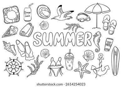 Black and white summer coloring page with beach-themed doodles and bold hand drawn lettering. Fun and creative summer concept for kids and adults featuring seasonal icons and holiday mood