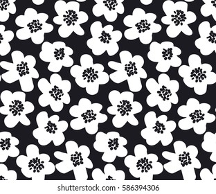 black and white summer floral vector illustration in retro 60s style. abstract hand drawn flowers seamless pattern for fabric, wrapping paper.