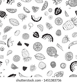 Black and white summer fruit seamless pattern print background design. Vector