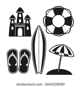 Black and white summer holiday icons featuring beach elements vector illustration