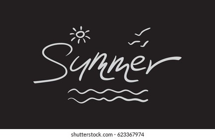 Black and white summer holidays design with hand drawn lettering. The word "Summer" on blackboard. Brush painted waves, sun and birds on black chalkboard . Vector travel banner, poster, background