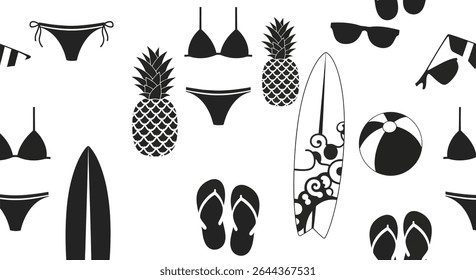 Black and white summer icons including swimsuits, pineapples, surfboards, beach ball, sunglasses, flip-flops, and beach flags.