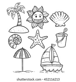 Black and white summer icons with smile sun, shell, starfish and boat on the sea