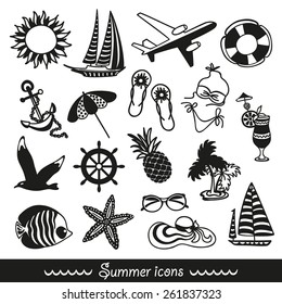 black and white summer icons symbolizing summer vacation, travel