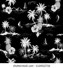 Black and white summer Island hawaiian mood hibiscus flower, palm trees ,ships,coconut tree ,wave in hand drawn style seamless pattern vector for fashion , fabric and all prints on black background.