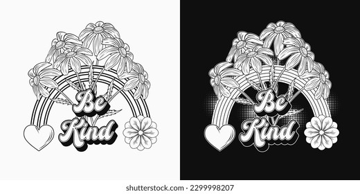 Black and white summer label with chamomile bouquet , halftone shapes. Groovy, hippie retro style. For clothing, apparel, T-shirts, surface decoration