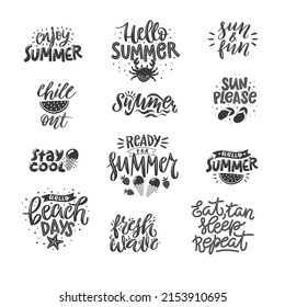 Black and white summer lettering set in modern style. Hand-drawn holiday decorations. Isolated vector illustration designs with summer elements. Vector typography collection.