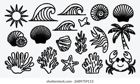 Ilustración de Elementos marinos de verano en blanco y negro para niños y adultos