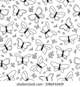 Black and white summer seamless pattern with outline butterflies and leafy branches. Seasonal natural background.