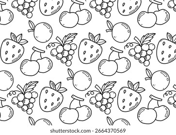 Schwarz-weißes Sommer nahtloses Vektormuster mit Erdbeeren, Trauben, Orangen, Kirschen und Doodle-Elementen für Stoff- und Tapetendesign