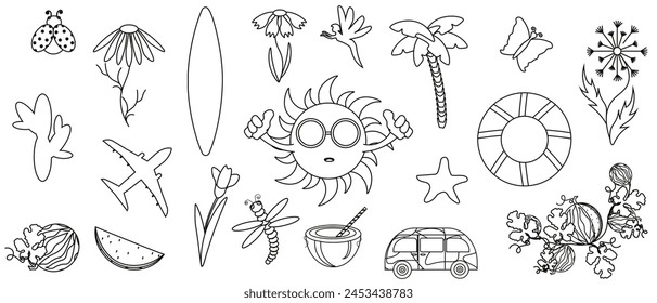 Black and White Summer set. Silhouettes Sun, travel Bus, Palm tree, Aircraft. Summer elements and icons isolated white. Vector illustration can used web banner, poster template design. Editable stroke