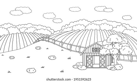 Black white summer spring farm doodle concept in countryside. Cartoon vector cute red barn with open doors, fence clouds, field, planted plantations, bushes, plants for animal life for coloring books