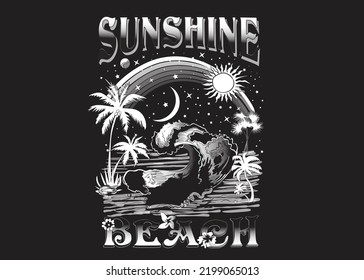 Black and white summer sunshine beach vector print design, Ocean wave sunshine t shirt design. Summer good vibes artwork for apparel and others. Long beach sticker.