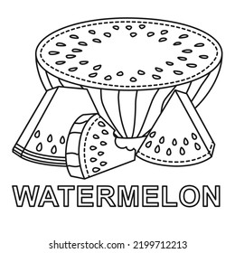 Black and white summer vegetarian food poster Ripe sliced watermelons Coloring book page for adult and kids Summer themed vector illustration for icon, stamp, label, badge, sticker or gift card decor
