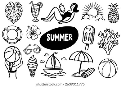 Black and white summer-themed icons including sun, ice cream, sunglasses, beach ball, umbrella, sailboat, and tropical plants.
