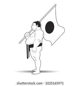 black and white sumo wrestler holding Japanese flag vector cartoon