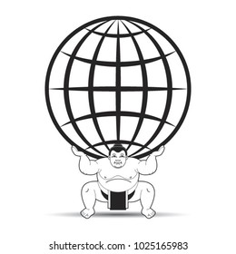 black and white sumo wrestler holding a globe on his back