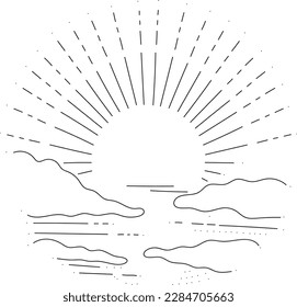 Black and white sun in clouds line art clipart. Outline sun logo. Isolated vector icon on white background