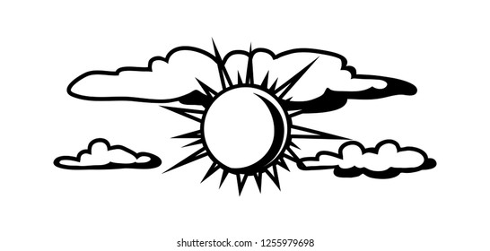 Black white sun and clouds. Stylized engraving illustration.