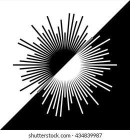 Black and White Sun with Crown Made of Rays with Rectangle Tips Yin Yang Style Icon - Black and White Elements Black and White Background - Pictogram Sign Silhouette Stencil Style
