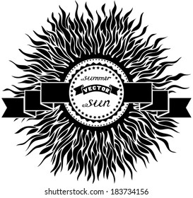 Black and white sun design. Label with ribbon in the center of sun. There is space for your text.