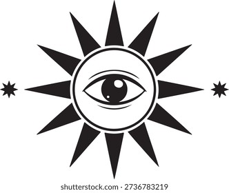 Black and white sun with an eye in the center and two smaller stars on the sides symbol