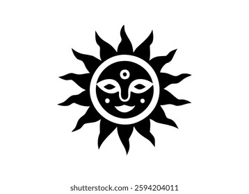 Black and White Sun Face Illustration: Tribal Style Art Design