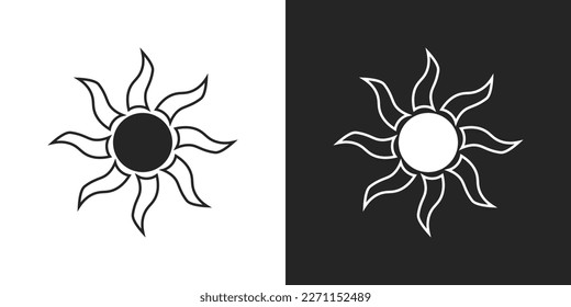 icono de la plancha solar en blanco y negro. sol, sol, fuego, quemaduras, calor, llamas, quemaduras, caliente, rayos solares, rayos, calor, sol, soleado, llama, brillo, verano, clipart, pegatina, logotipo, logotipo, logotipo, ilustración vectorial