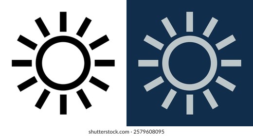 Black and white sun icon on light and dark background. Symbol of brightness and dark mode. Vector illustration for user interface, web design, and mobile applications.