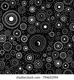 Black and white sun, moon, stars and planets sky seamless pattern, vector