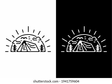 Black and white sun and tent line art illustration design