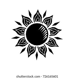 Black and white sun woodcut retro engraving, vector