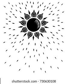 Black and white sun woodcut retro engraving, vector