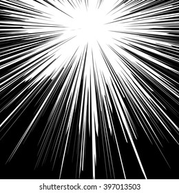 Black and white sunburst abstract background. Ray burst, explosion, comic big bang. Superhero action speed frame. Radial lines. Monochrome design element.