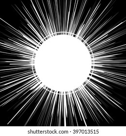 Black and white sunburst abstract background. Ray burst, explosion, comic big bang. Superhero action speed frame. Radial lines. Monochrome design element.