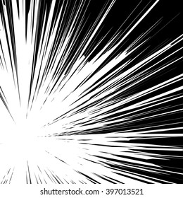 Black and white sunburst abstract background. Ray burst, explosion, comic big bang. Superhero action speed frame. Radial lines. Monochrome design element.